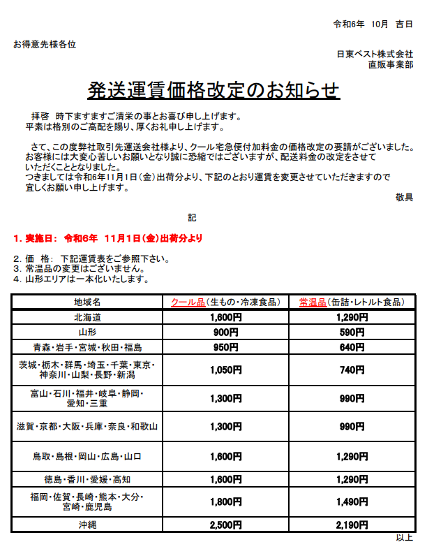 ヤマト運輸送料変更